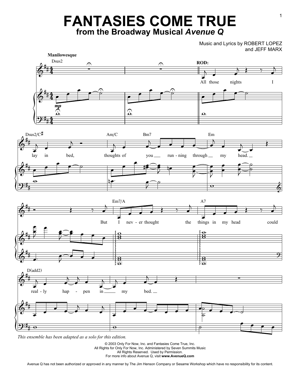 Download Robert Lopez & Jeff Marx Fantasies Come True (from Avenue Q) Sheet Music