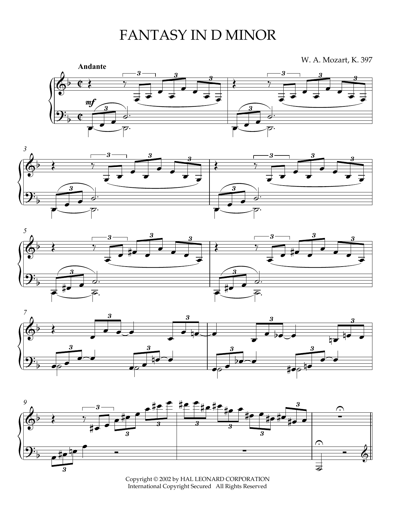 Download Wolfgang Amadeus Mozart Fantasy in D Minor, K. 397 Sheet Music