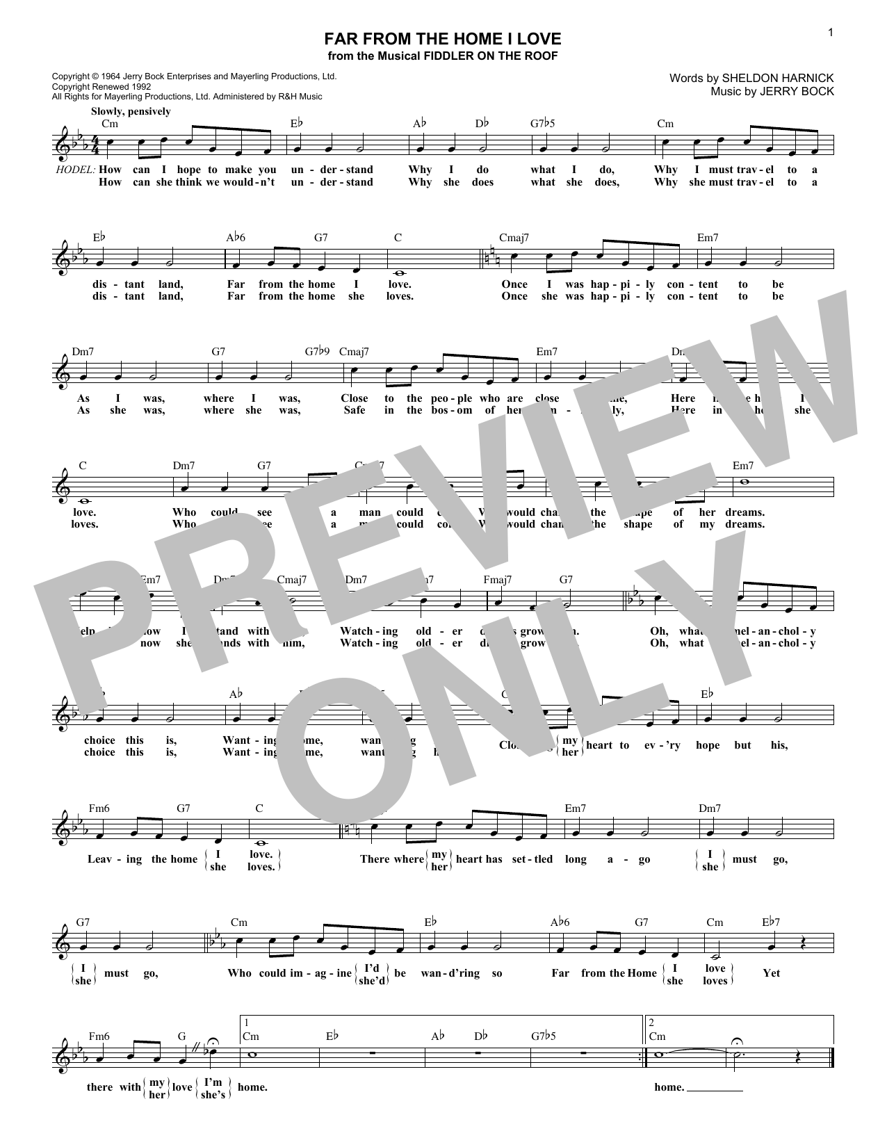 Download Jerry Bock Far From The Home I Love Sheet Music