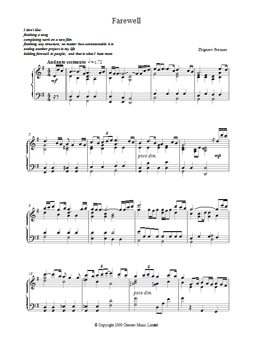 Zbigniew Preisner Farewell sheet music notes printable PDF score