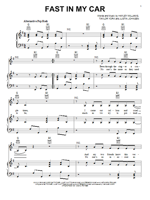 Download Paramore Fast In My Car Sheet Music