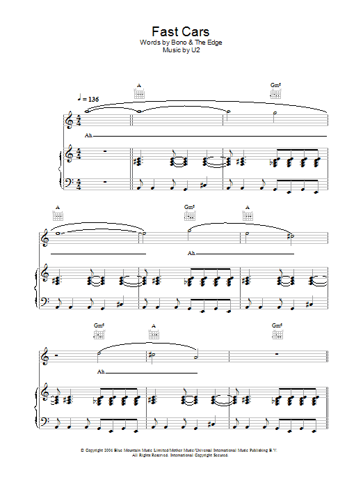 U2 Fast Cars sheet music notes printable PDF score