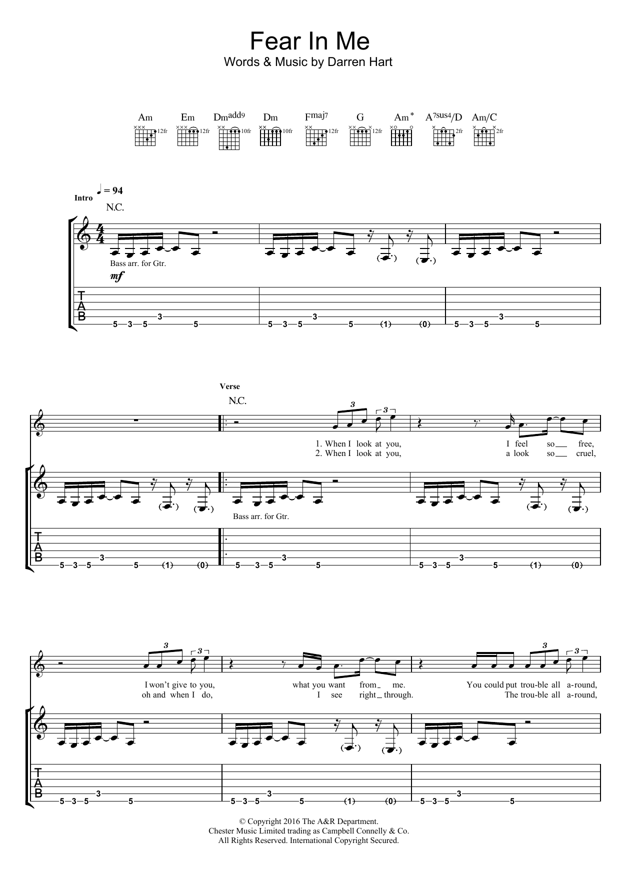 Download Harts Fear In Me Sheet Music