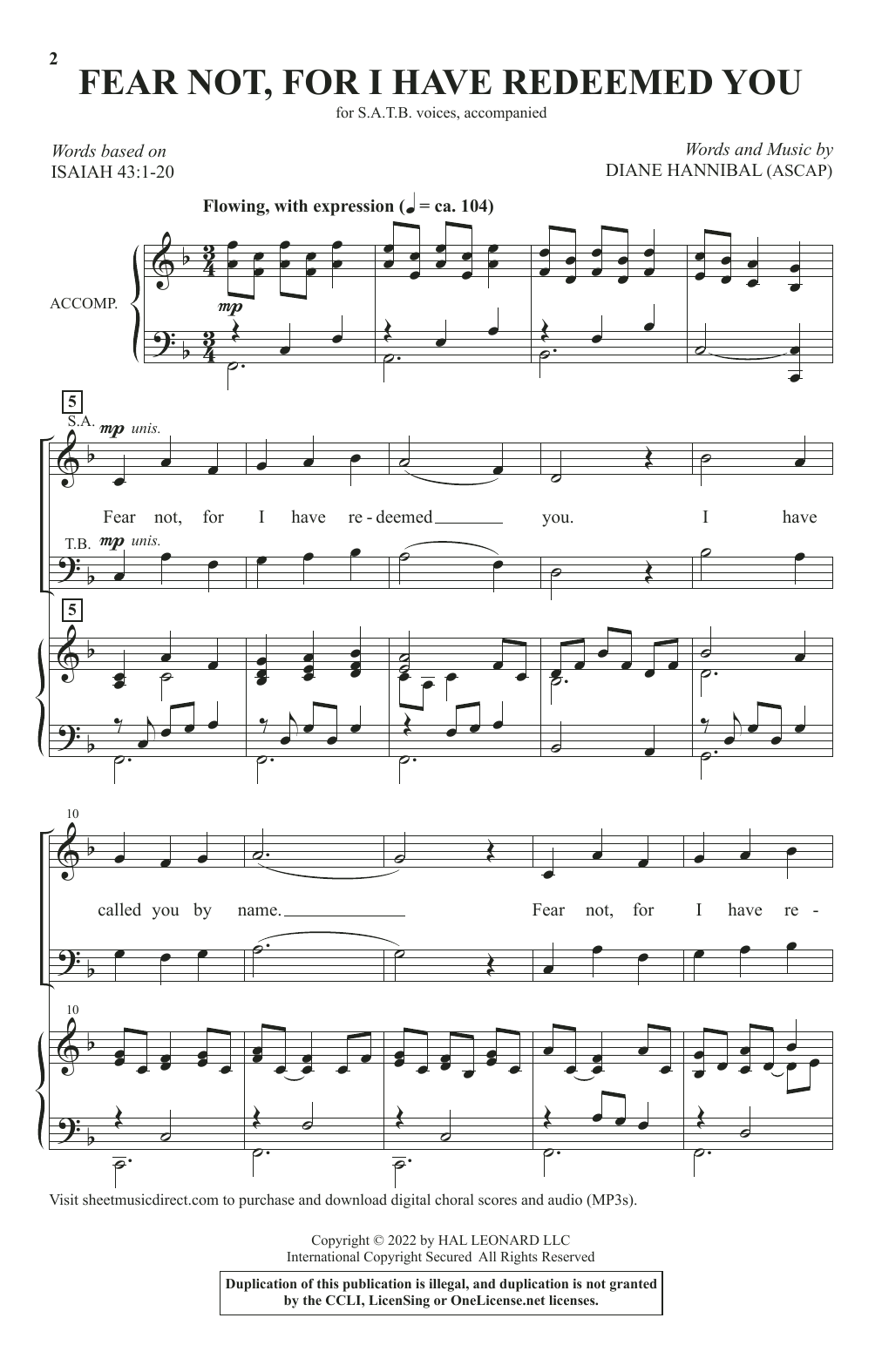 Download Diane Hannibal Fear Not, For I Have Redeemed You Sheet Music