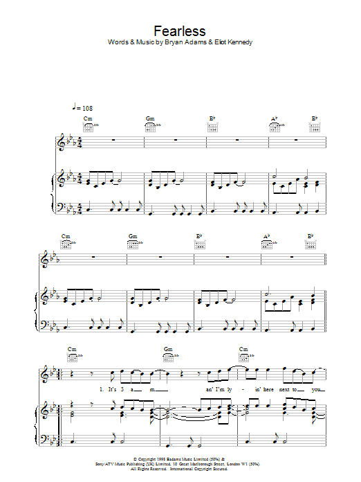 Bryan Adams Fearless sheet music notes printable PDF score