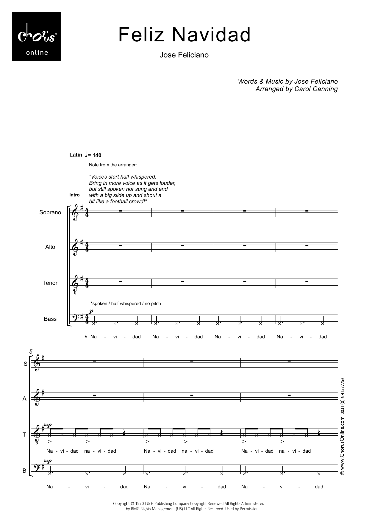 Jose Feliciano Feliz Navidad (arr. Carol Canning) sheet music notes printable PDF score