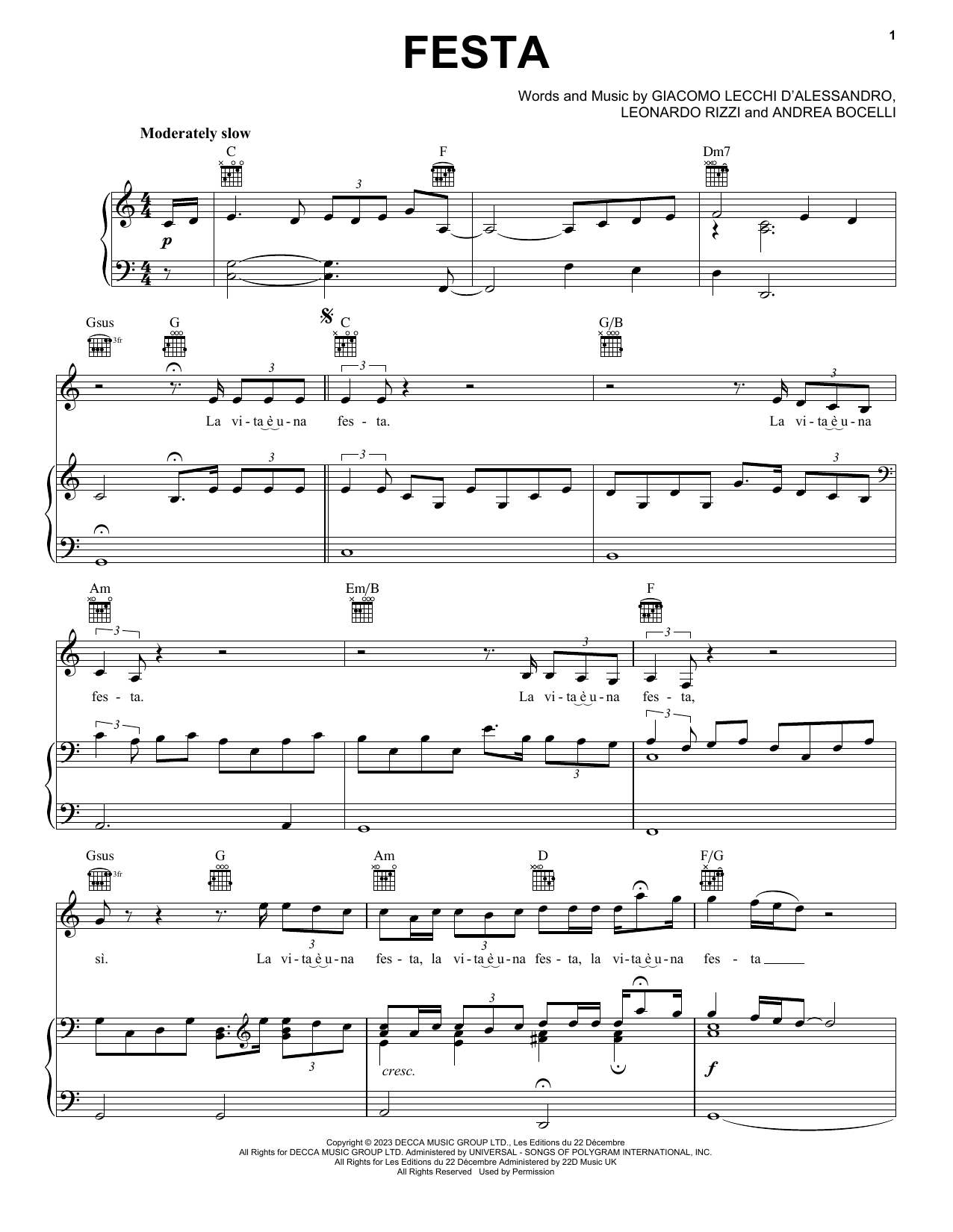 Andrea Bocelli Festa (John Lewis 2023) sheet music notes printable PDF score