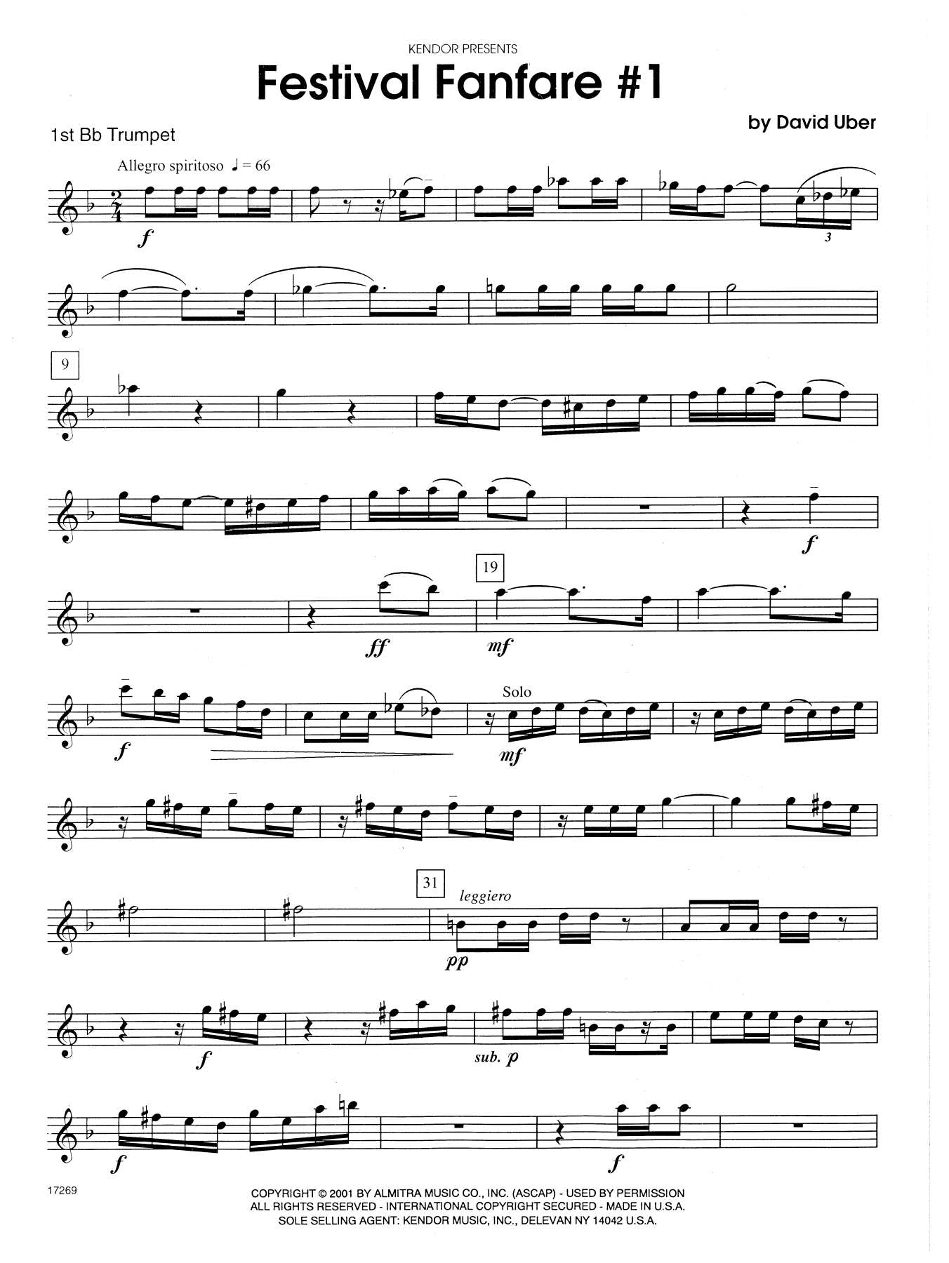 Download David Uber Festival Fanfare #1 - 1st Bb Trumpet Sheet Music