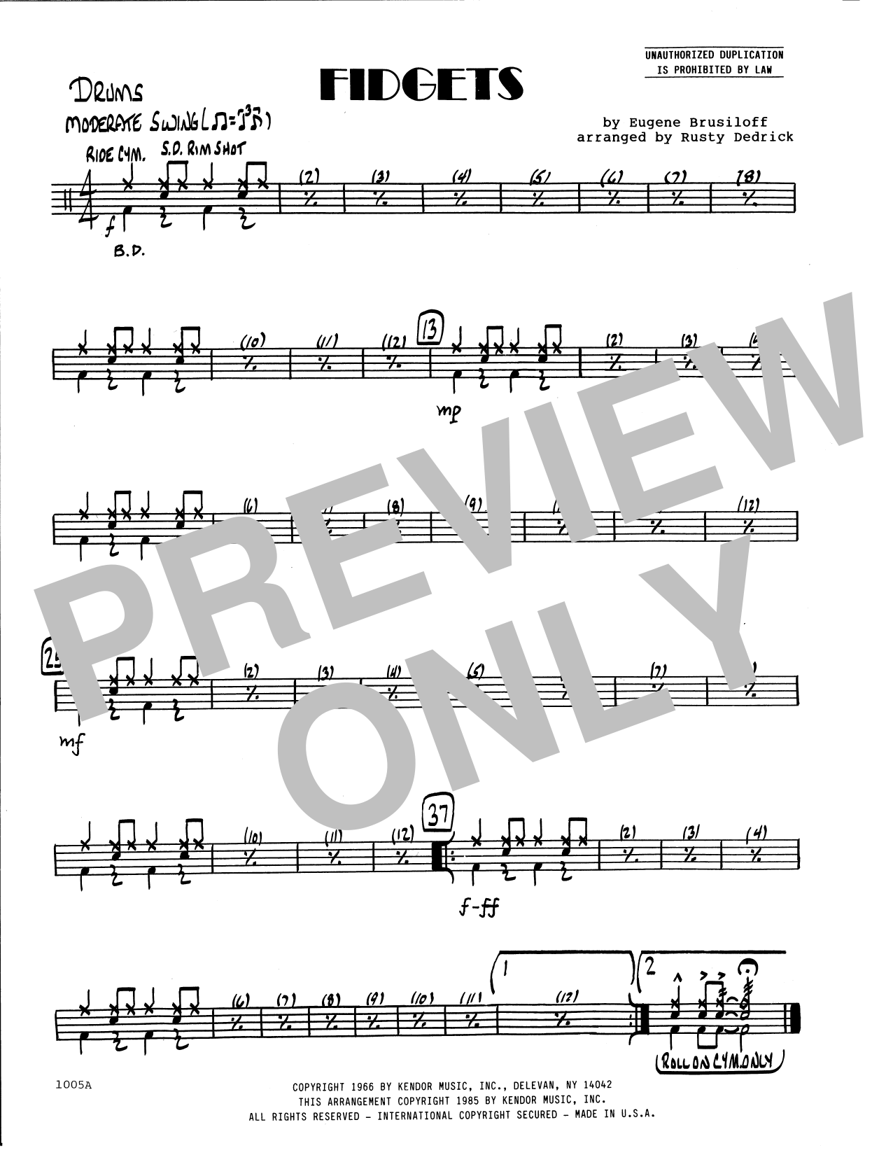 Download Eugene Brusiloff Fidgets (arr. Rusty Dedrick) - Drum Set Sheet Music