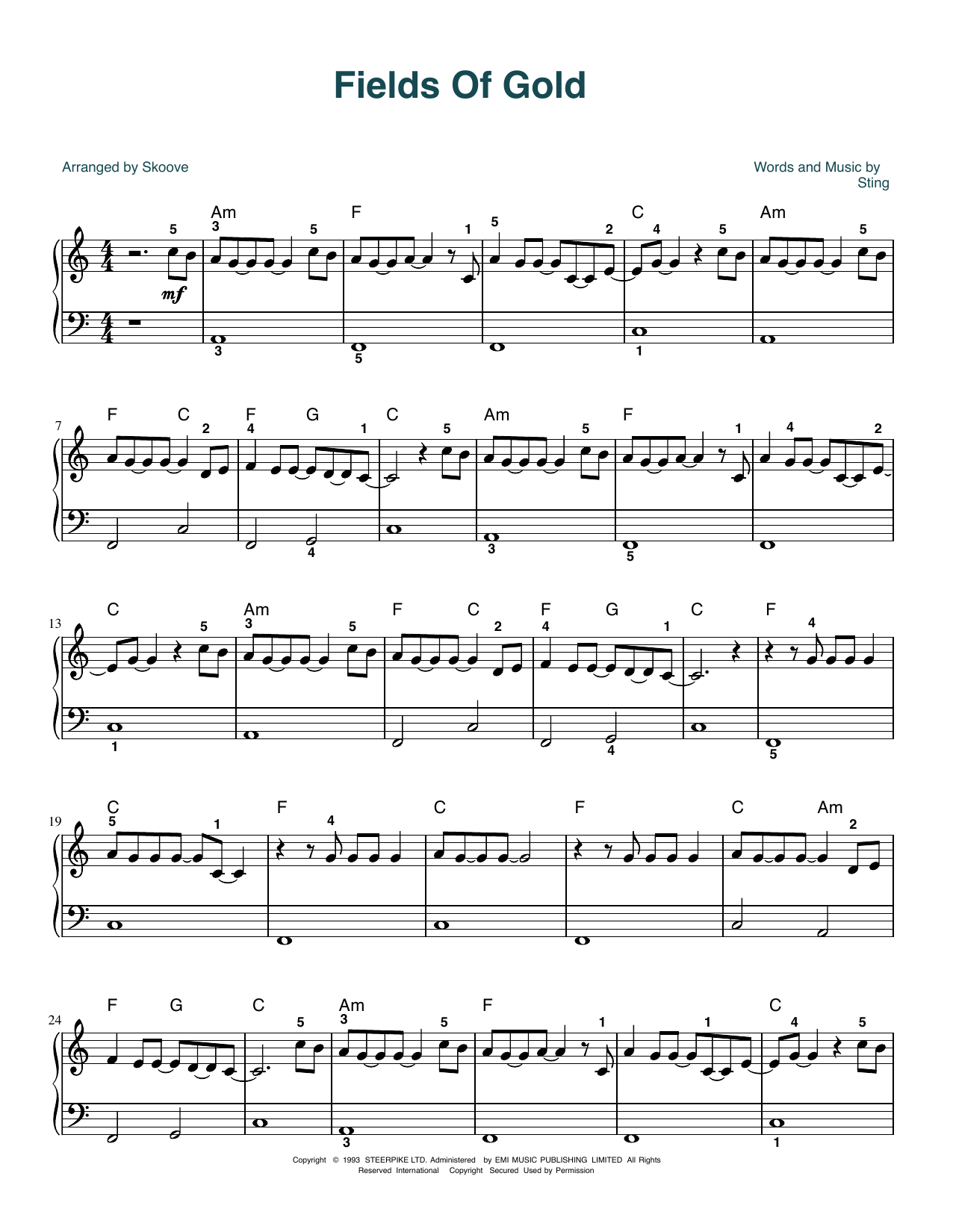 Download Sting Fields Of Gold (arr. Skoove) Sheet Music