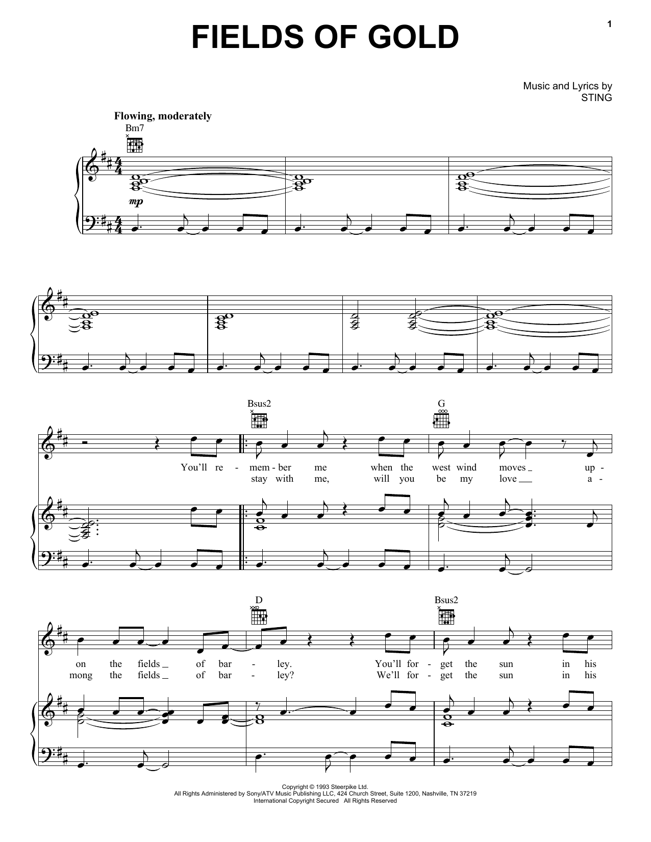Sting Fields Of Gold sheet music notes printable PDF score