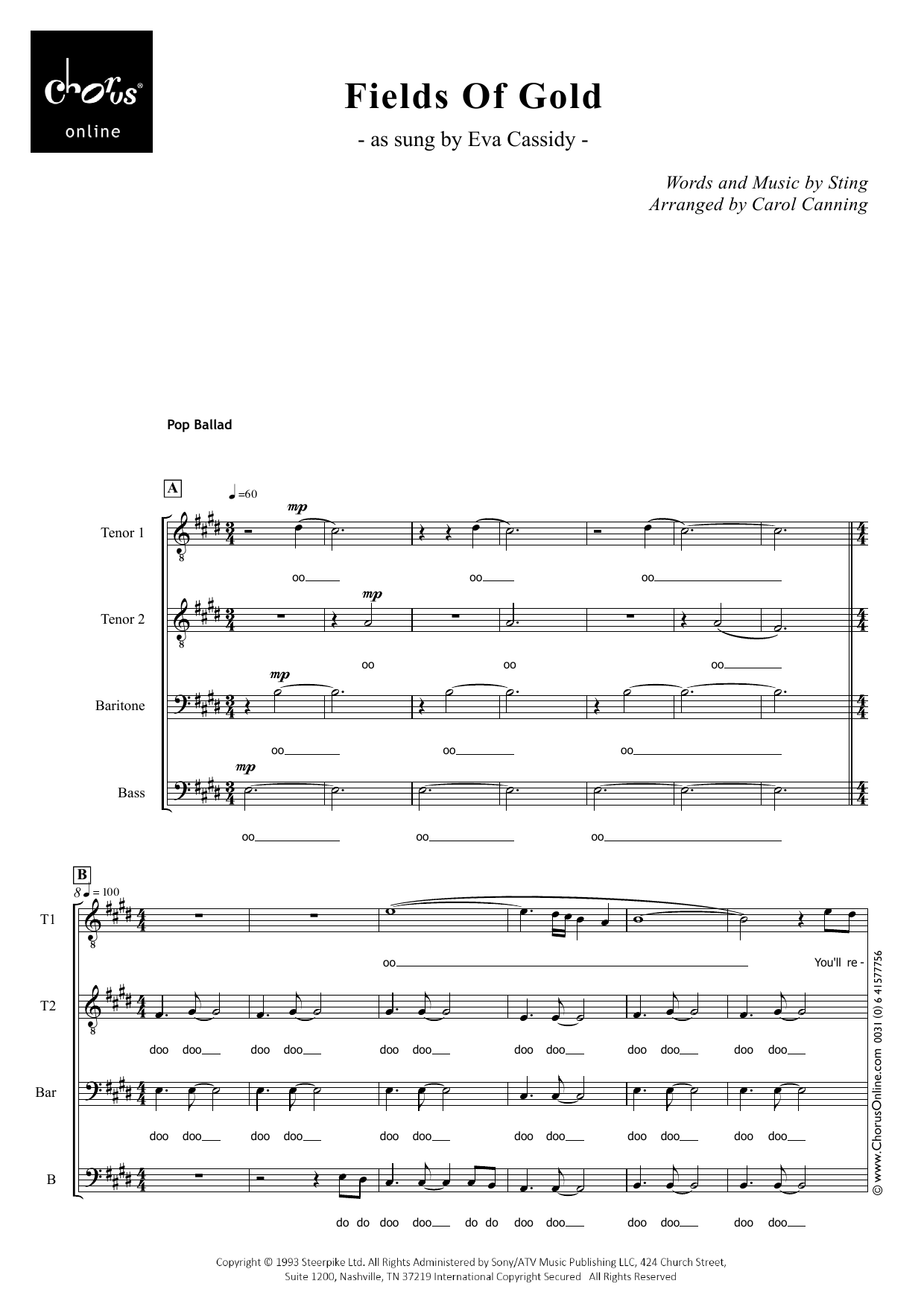 Eva Cassidy Fields Of Gold (arr. Carol Canning) sheet music notes printable PDF score