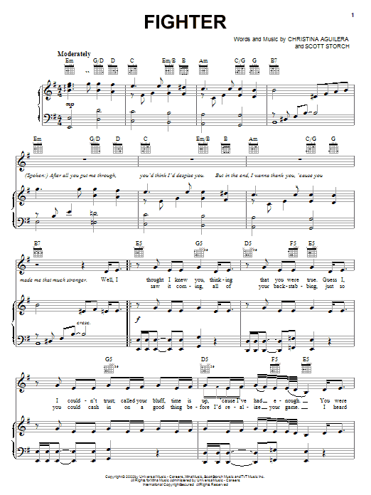 Christina Aguilera Fighter sheet music notes printable PDF score