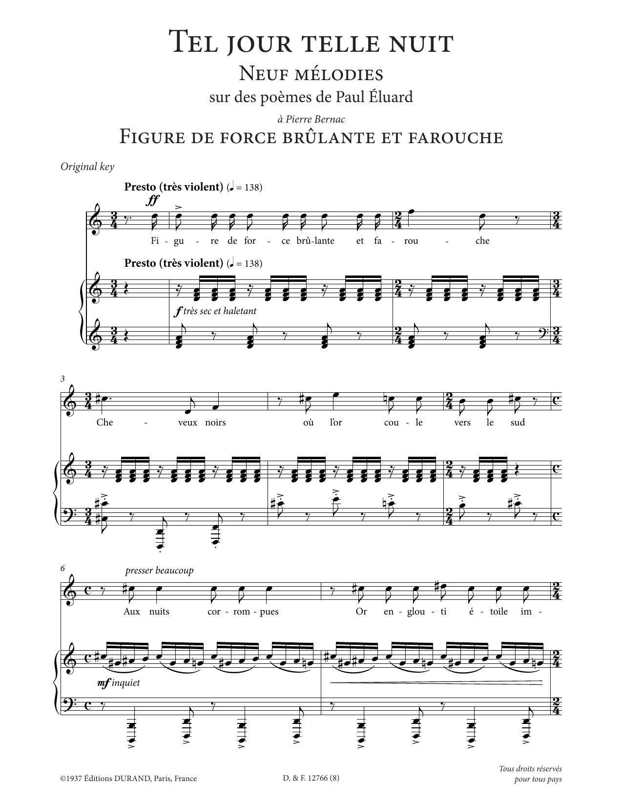 Francis Poulenc Figure de force brulante et farouche (High Voice) sheet music notes printable PDF score