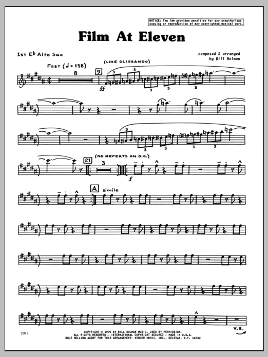 Download Bill Holman Film At Eleven - 1st Eb Alto Saxophone Sheet Music