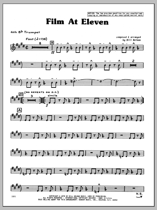 Download Bill Holman Film At Eleven - 4th Bb Trumpet Sheet Music