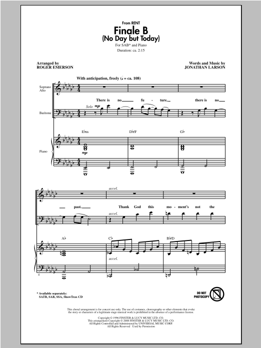 Download Jonathan Larson Finale B (No Day But Today) (arr. Roger Sheet Music