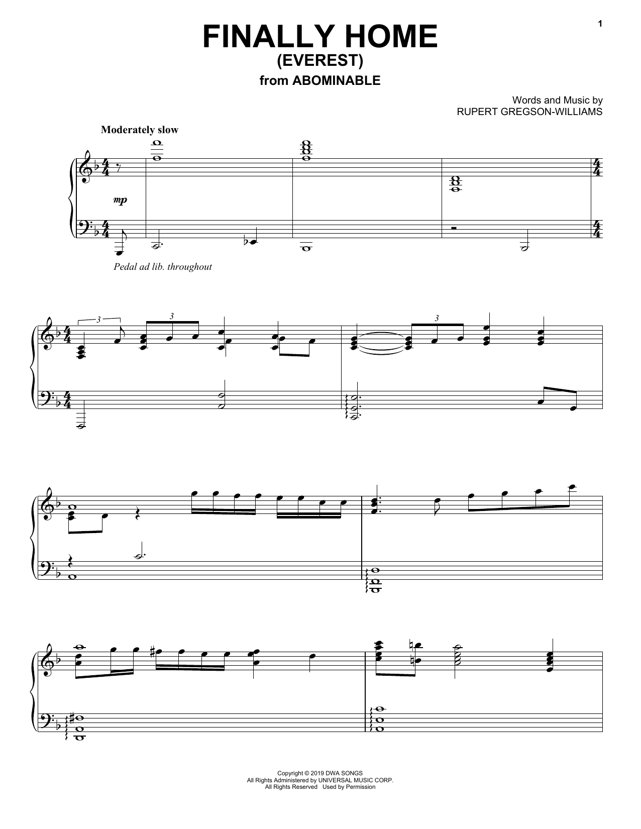 Download Rupert Gregson-Williams Finally Home (Everest) (from the Motion Sheet Music