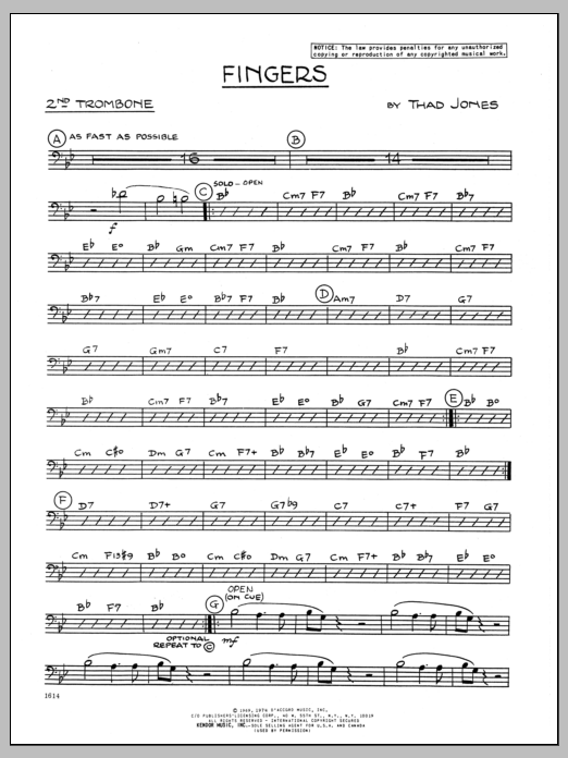 Download Thad Jones Fingers - 2nd Trombone Sheet Music