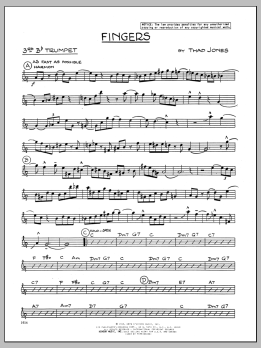Download Thad Jones Fingers - 3rd Bb Trumpet Sheet Music