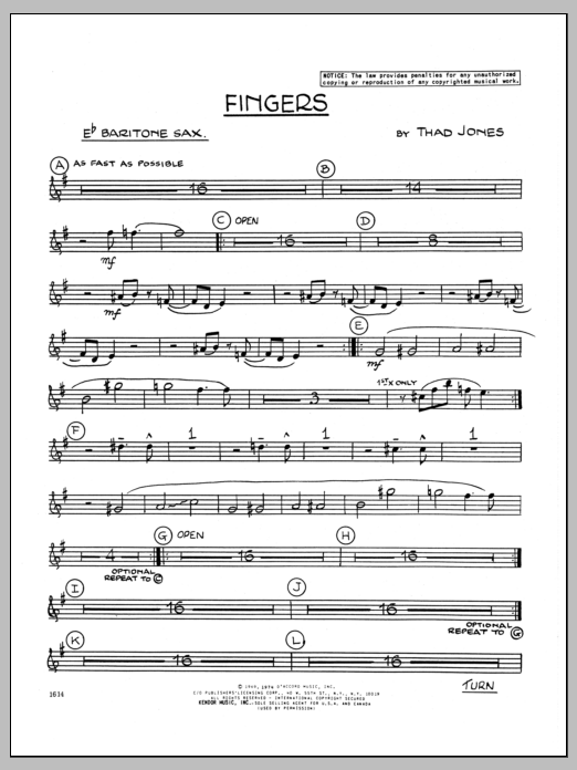 Download Thad Jones Fingers - Eb Baritone Sax Sheet Music