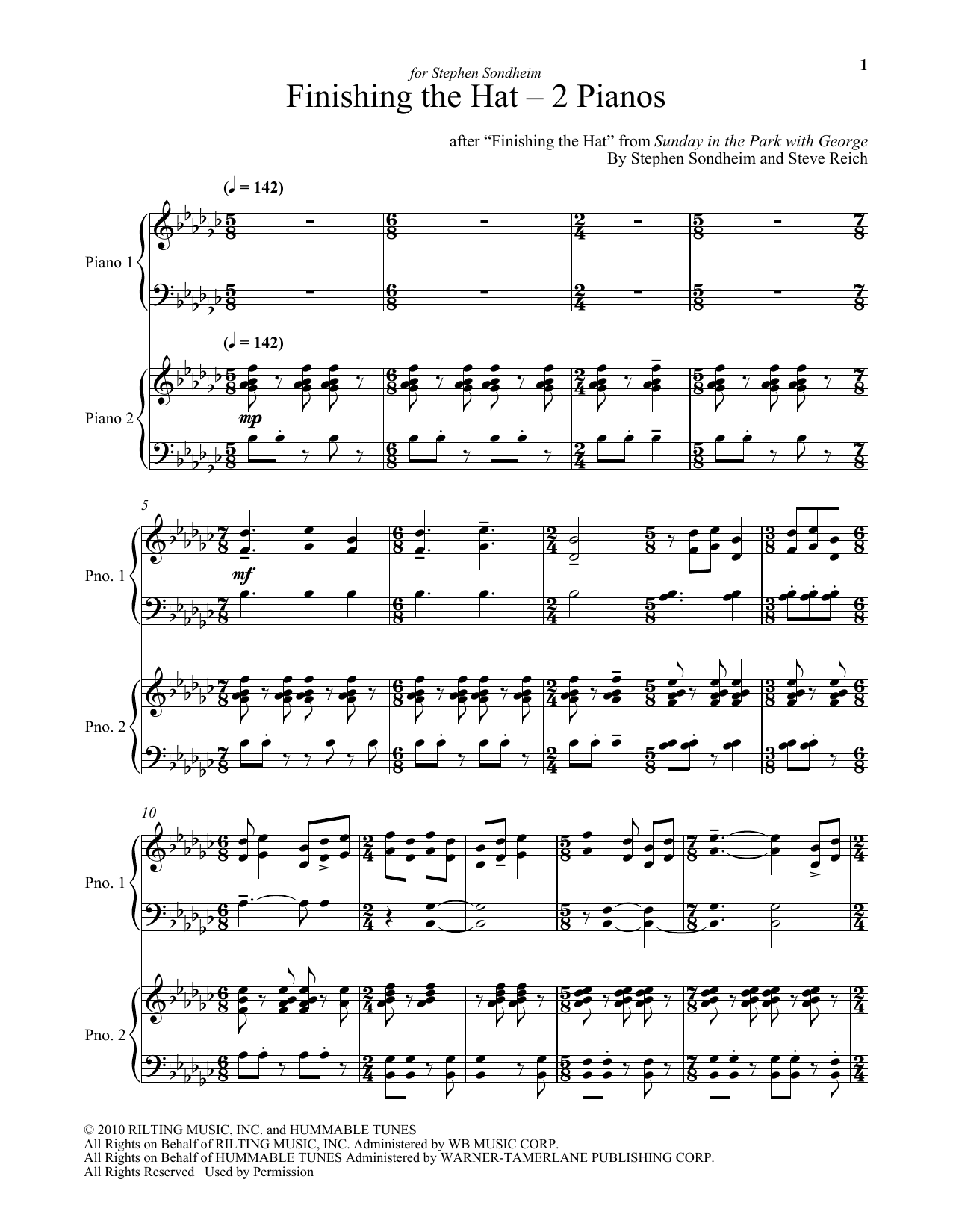 Download Steve Reich Finishing The Hat - Two Pianos Sheet Music