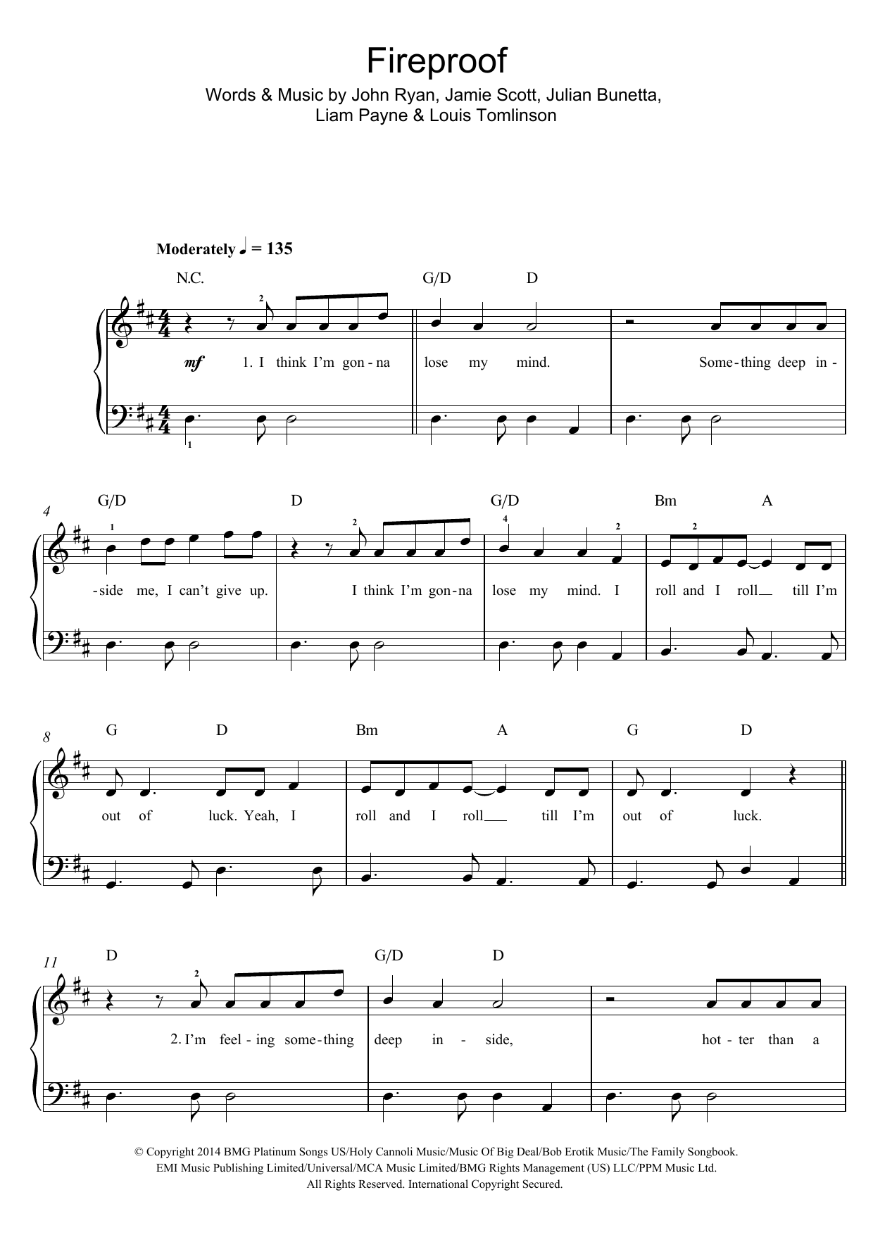 Download One Direction Fireproof Sheet Music