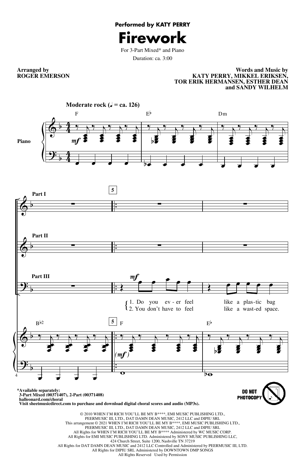 Download Katy Perry Firework (arr. Roger Emerson) Sheet Music