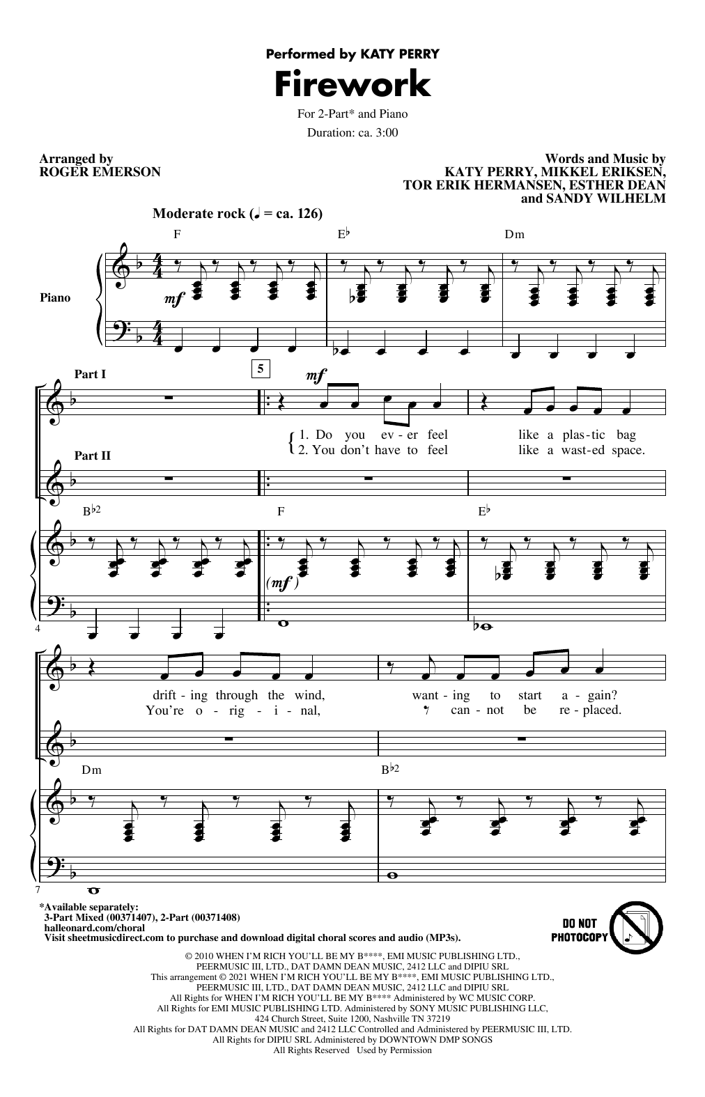 Download Katy Perry Firework (arr. Roger Emerson) Sheet Music