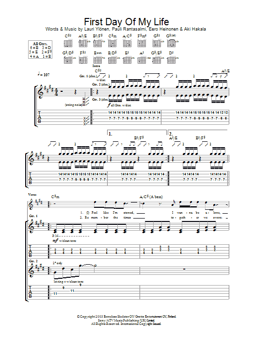 Download The Rasmus First Day Of My Life Sheet Music