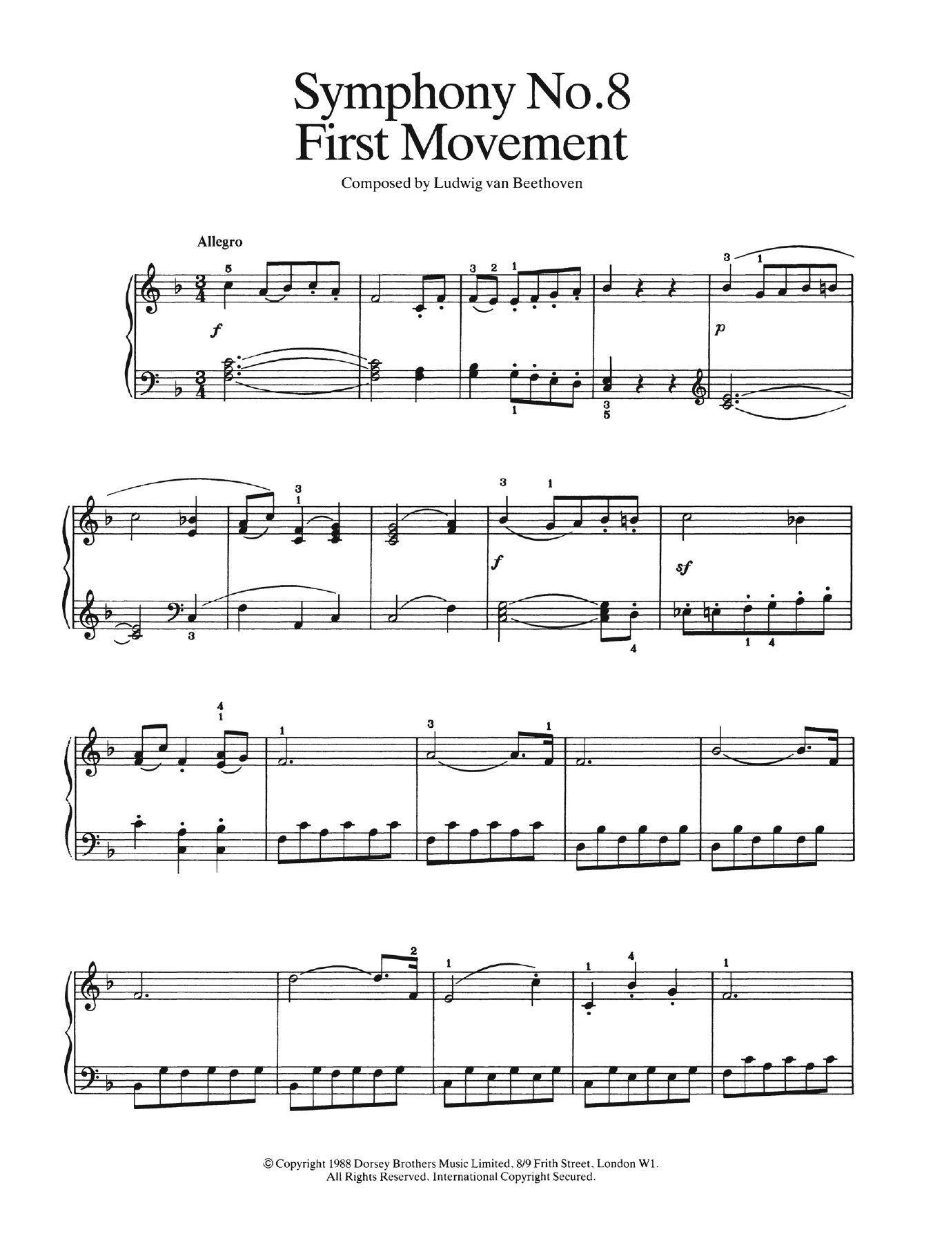 Download Ludwig van Beethoven First Movement (from Symphony No. 8 In Sheet Music