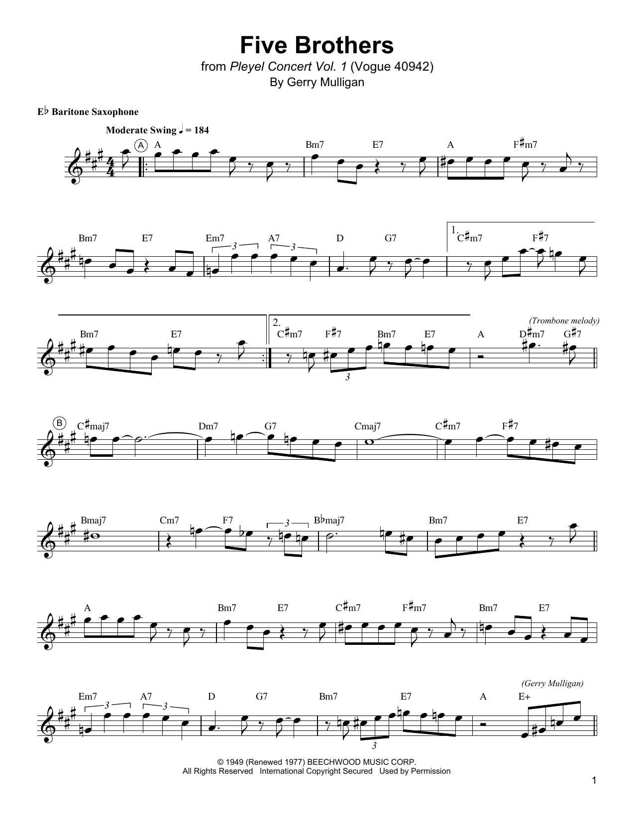 Download Gerry Mulligan Five Brothers Sheet Music