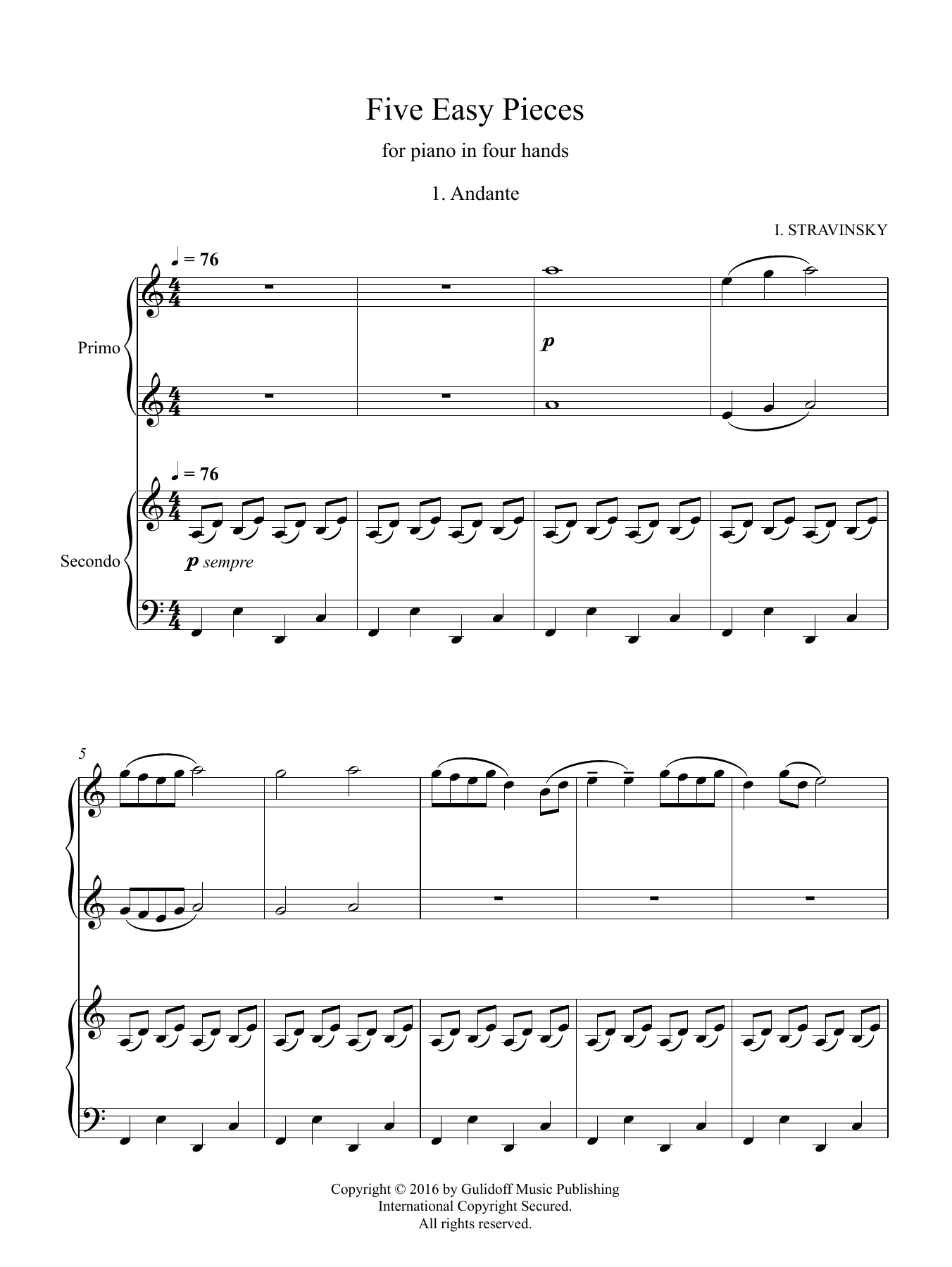 Download Igor Stravinsky Five Easy Pieces for piano in four hand Sheet Music