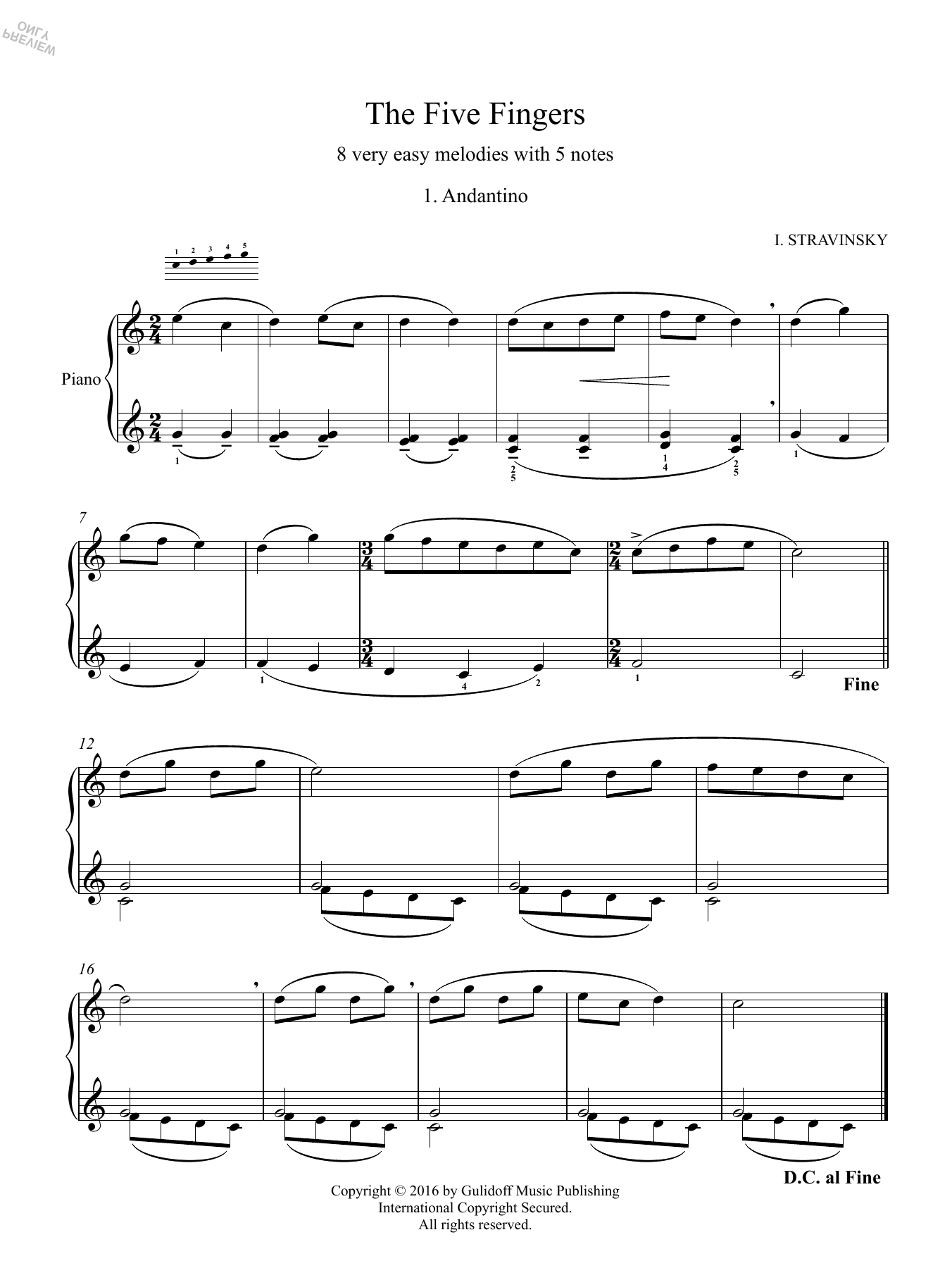 Download Igor Stravinsky Five Fingers: 1. Andantino Sheet Music