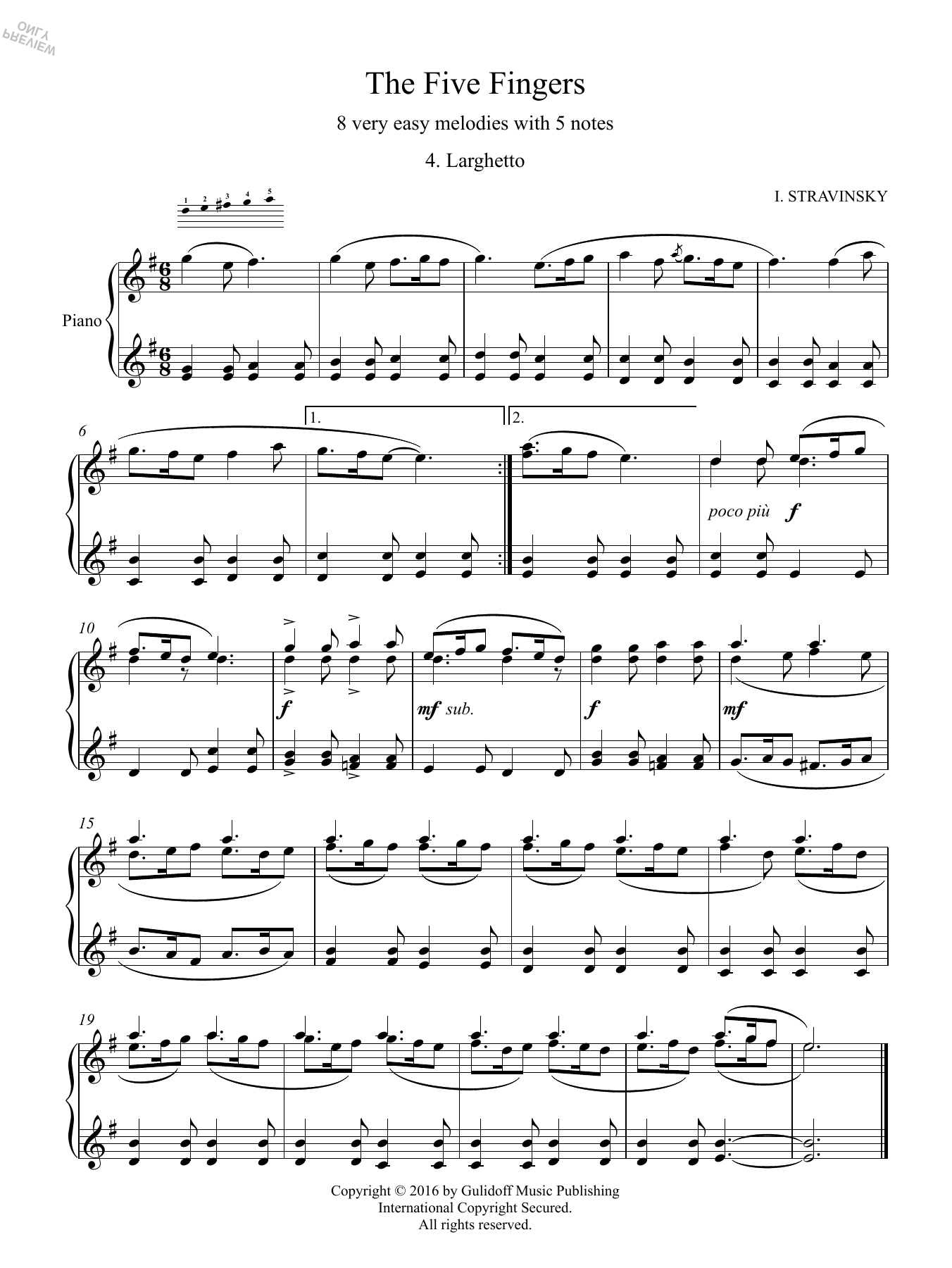 Download Igor Stravinsky Five Fingers: 4. Larghetto Sheet Music