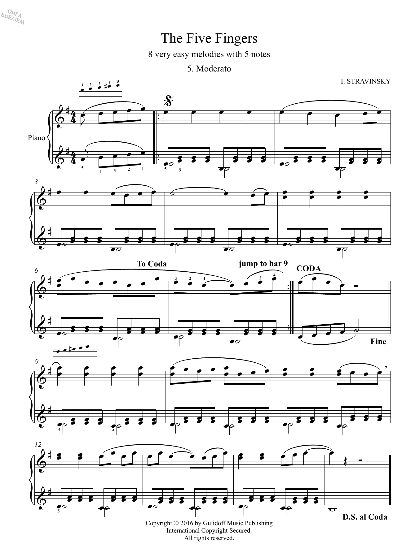 Download Igor Stravinsky Five Fingers: 5. Moderato Sheet Music