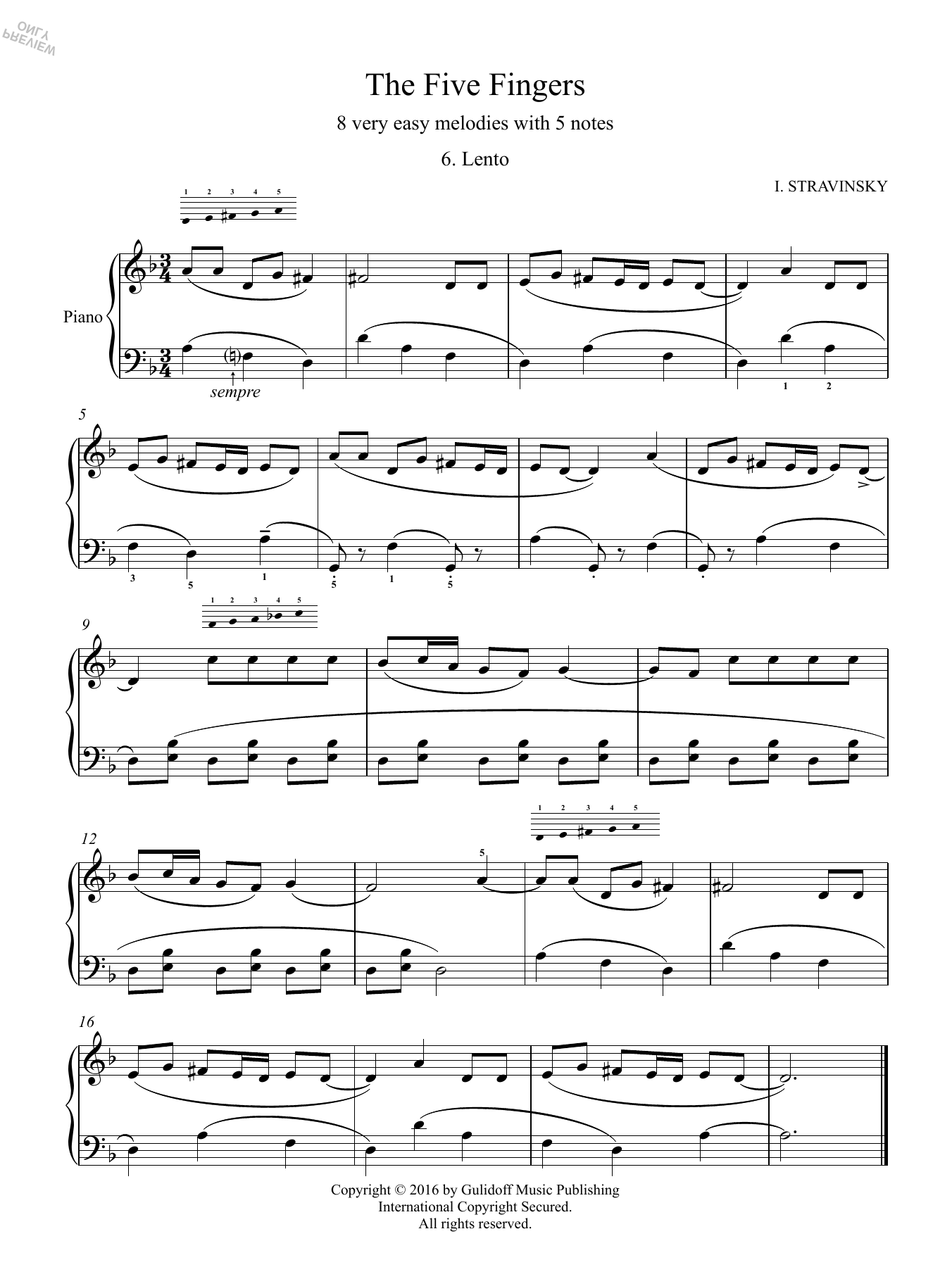 Download Igor Stravinsky Five Fingers: 6. Lento Sheet Music