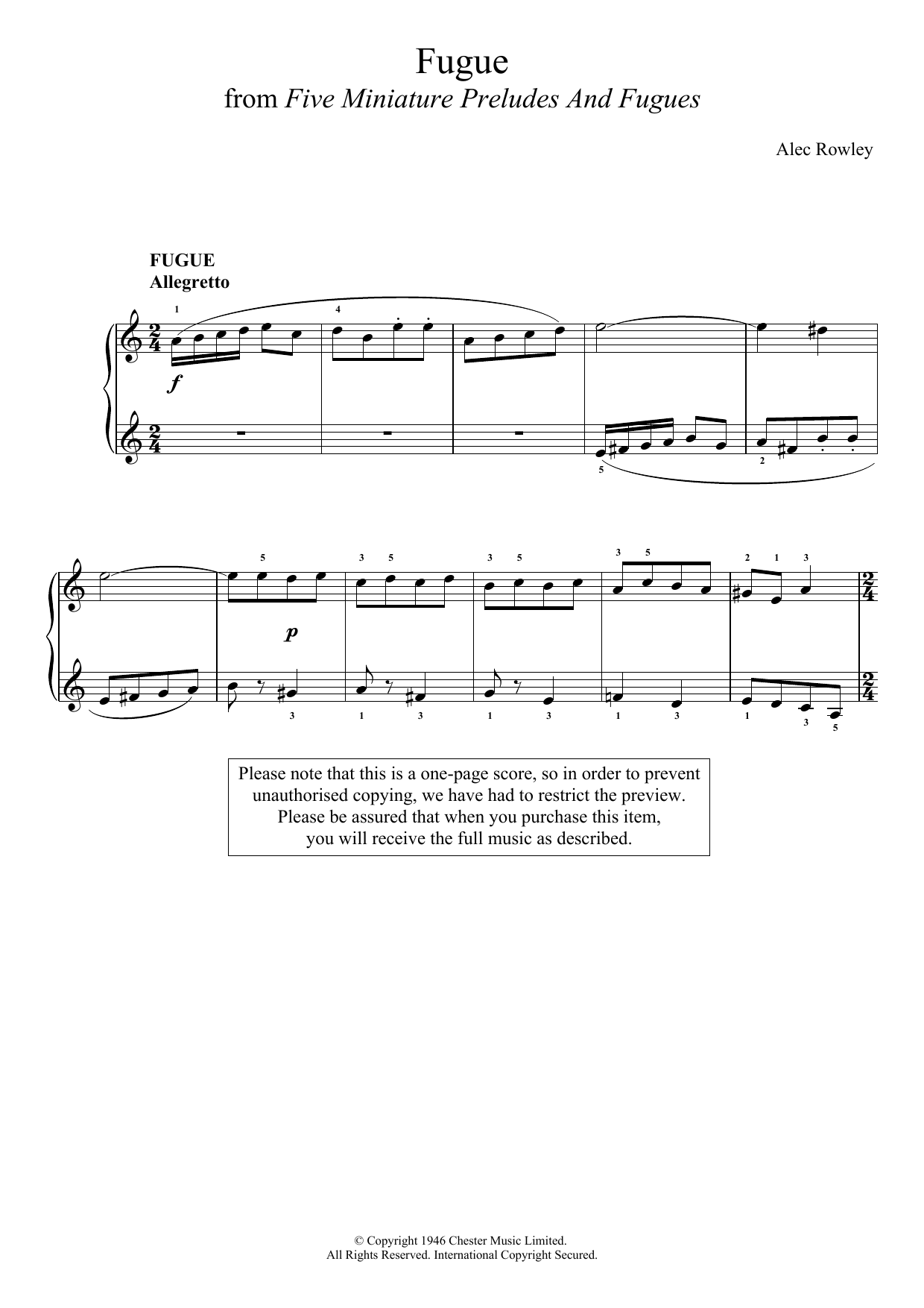 Download Alec Rowley Fugue (from Five Miniature Preludes And Sheet Music
