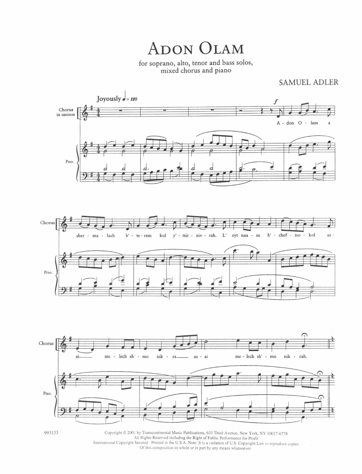Download Samuel Adler Five Sephardic Choruses: Adon Olam Sheet Music