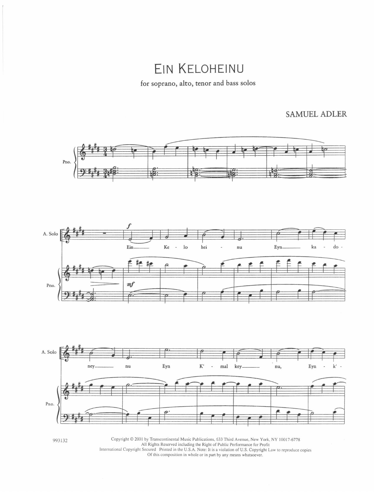 Download Samuel Adler Five Sephardic Choruses: Ein Keloheinu Sheet Music