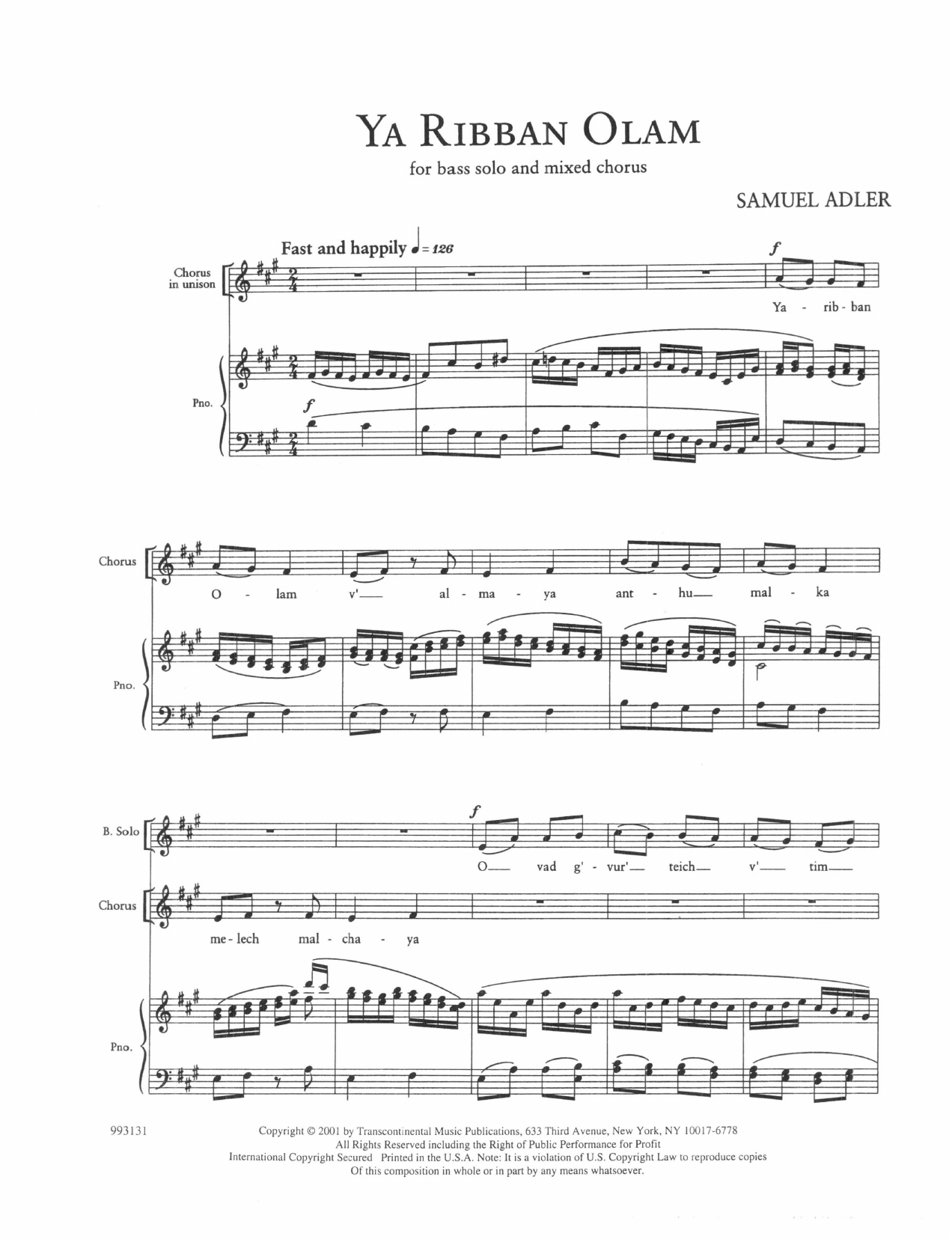 Download Samuel Adler Five Sephardic Choruses: Ya Ribban Olam Sheet Music