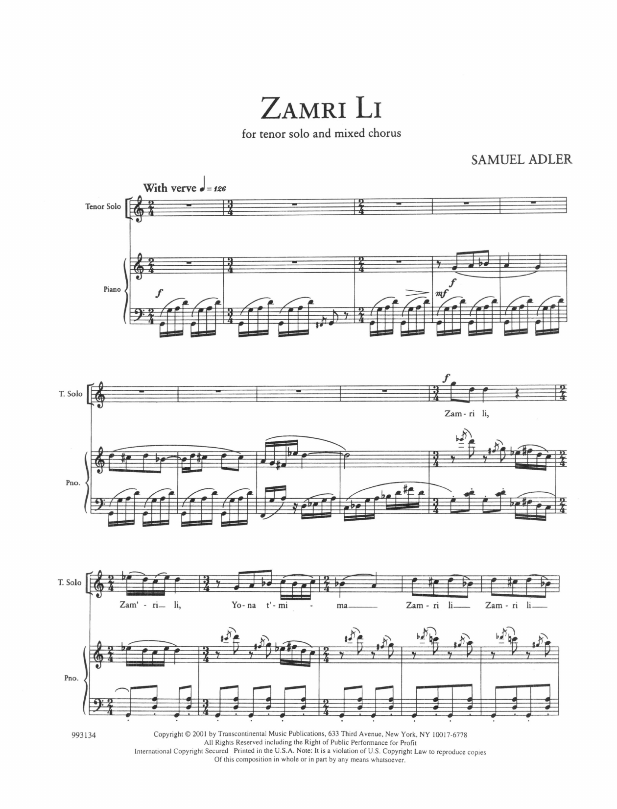 Download Samuel Adler Five Sephardic Choruses: Zamri Li Sheet Music