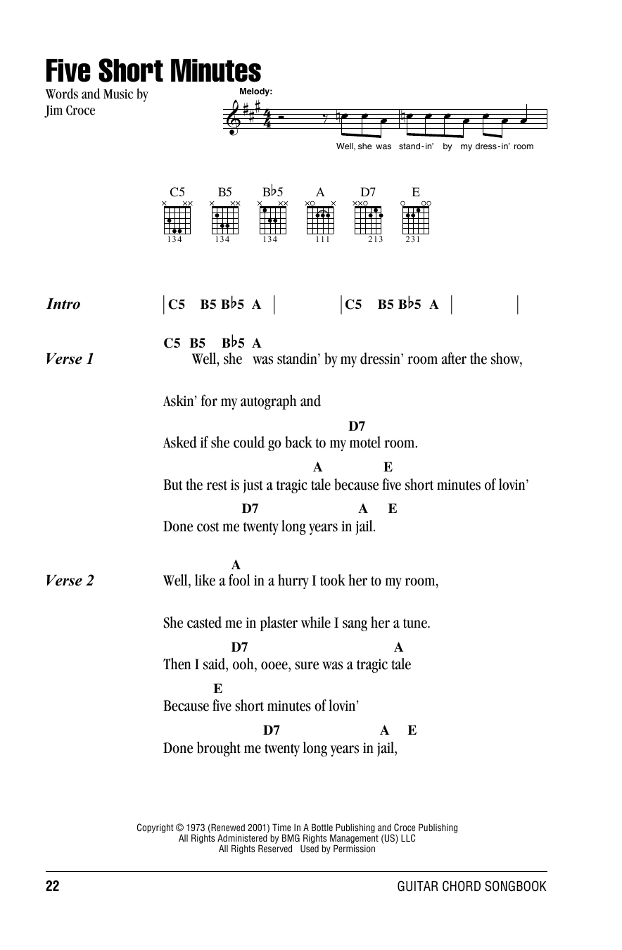 Download Jim Croce Five Short Minutes Sheet Music