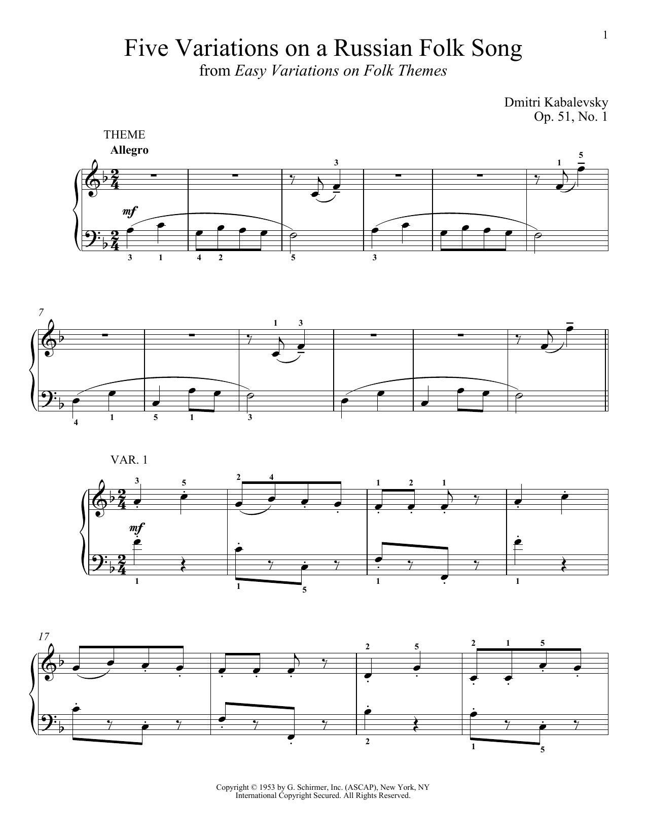 Download Dmitri Kabalevsky Five Variations On A Russian Folk Song, Sheet Music