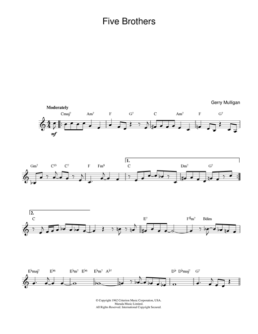 Gerry Mulligan Five Brothers sheet music notes printable PDF score