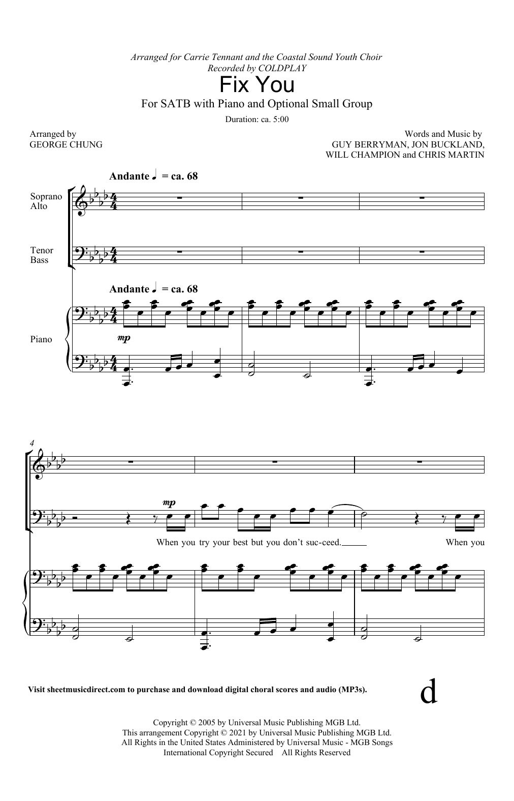 Download Coldplay Fix You (arr. George Chung) Sheet Music