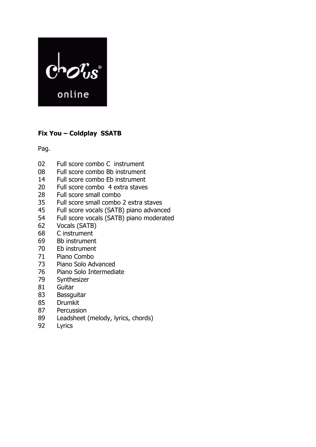 Coldplay Fix You (arr. Peter van Lonkhuijsen) sheet music notes printable PDF score