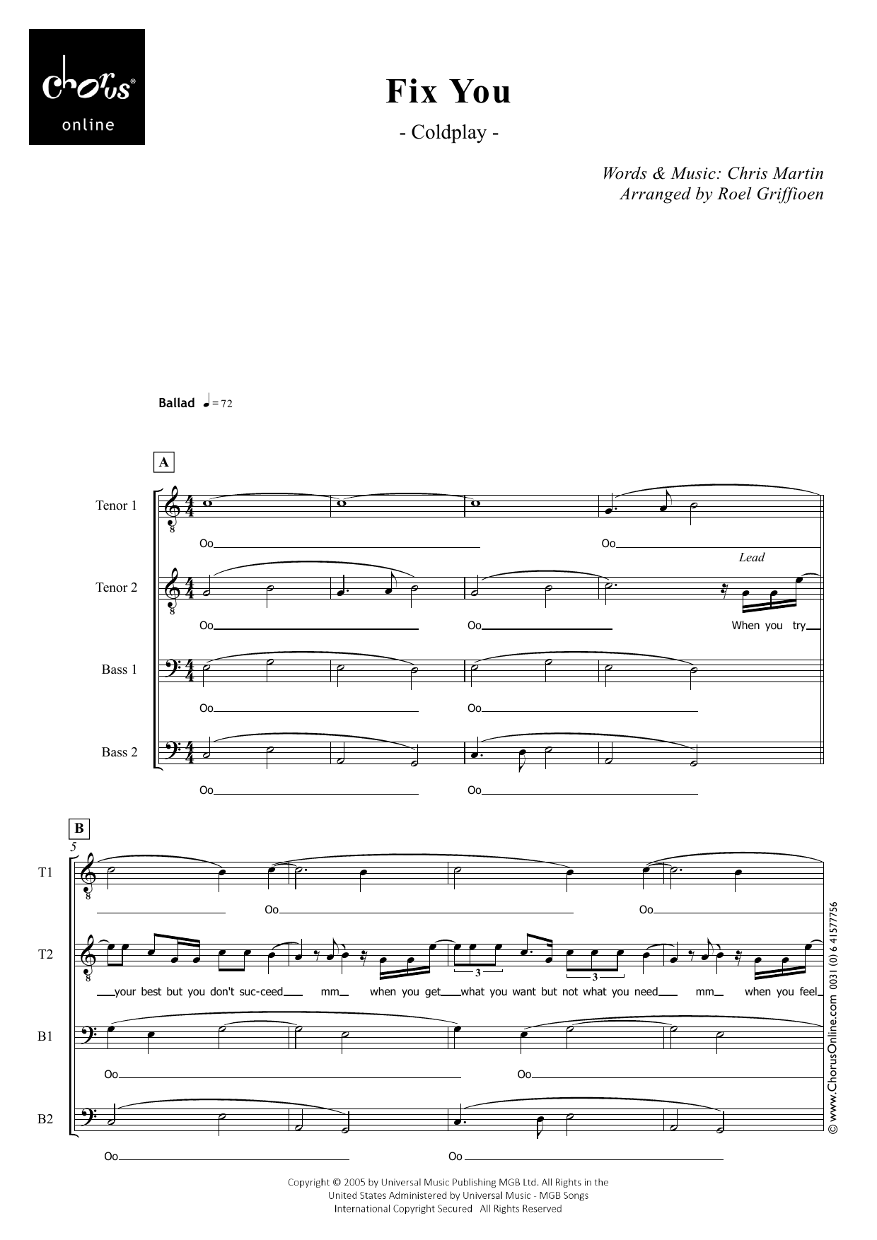 Coldplay Fix You (arr. Roel Griffioen) sheet music notes printable PDF score