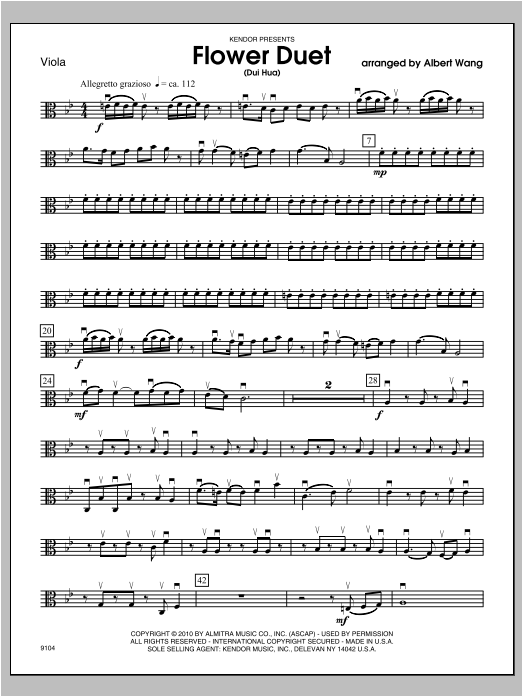 Download Wang Flower Duet (Dui Hua) - Viola Sheet Music