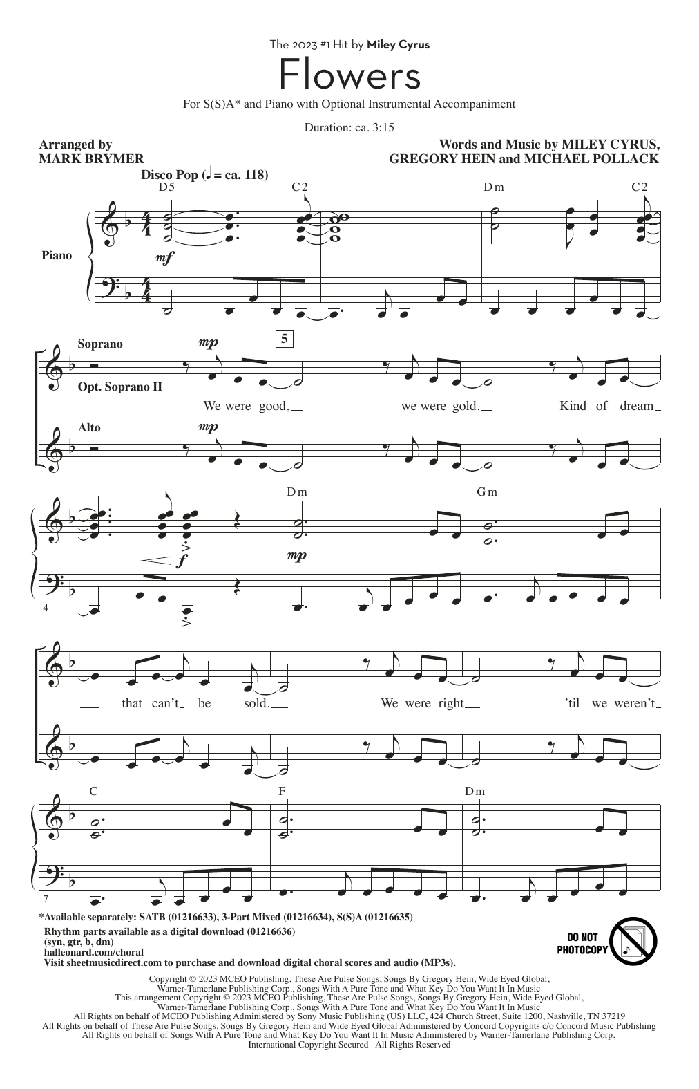 Download Miley Cyrus Flowers (arr. Mark Brymer) Sheet Music
